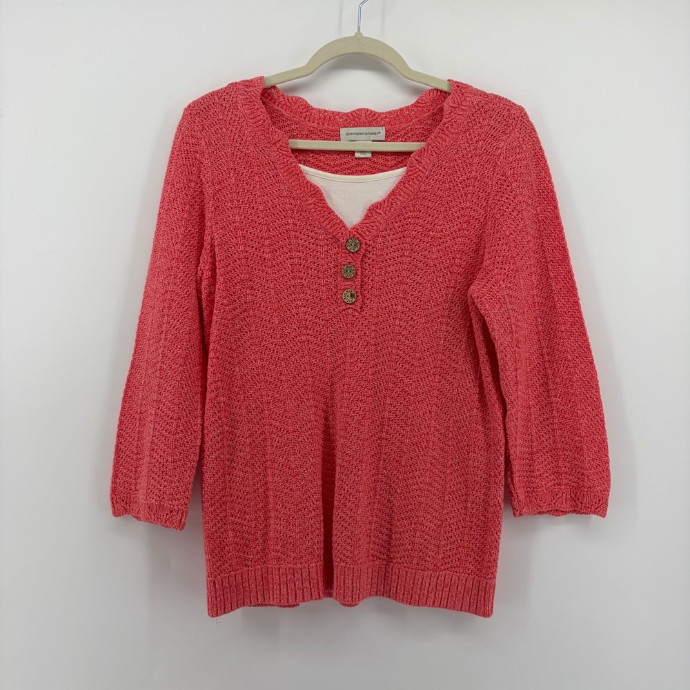 Christopher & Banks Sweater Coral Pink Size Medium 3/4 Sleeve Faux Layered Knit